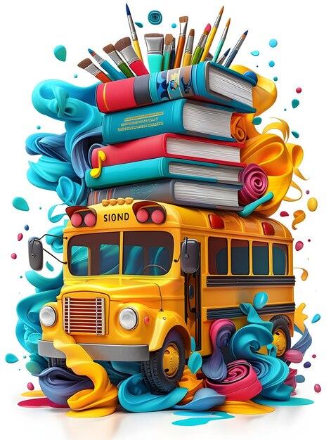 3d flat icon of school bus with books and <b>art supplies</b> for ...